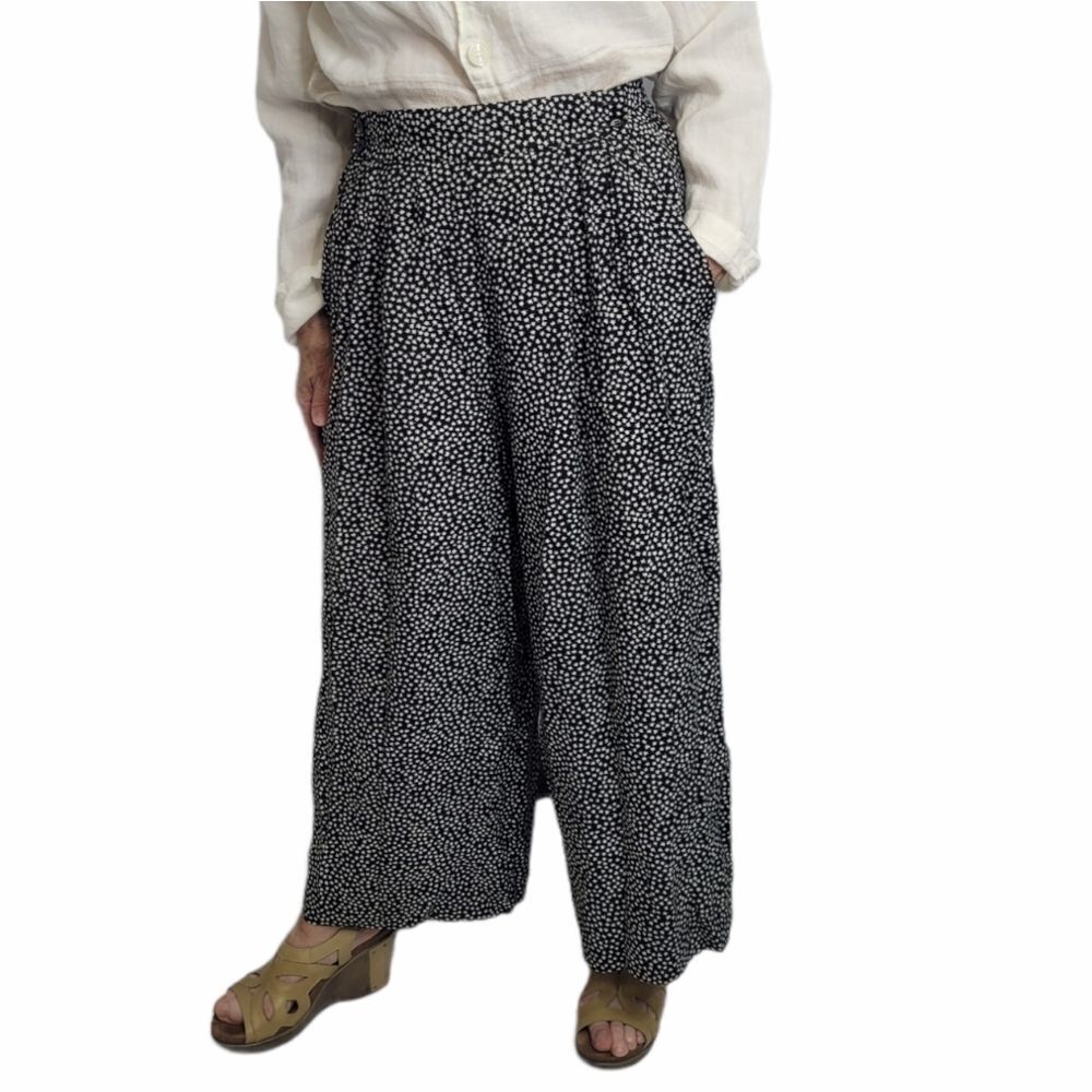 VINTAGE 90s pants black printed high waist palazzo wide leg L